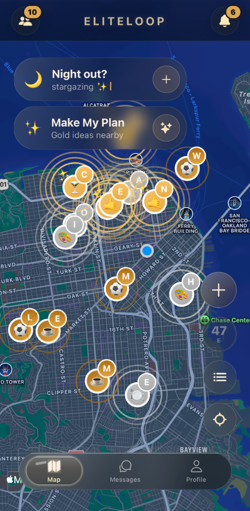 EliteLoop app — map-based social discovery with badge access